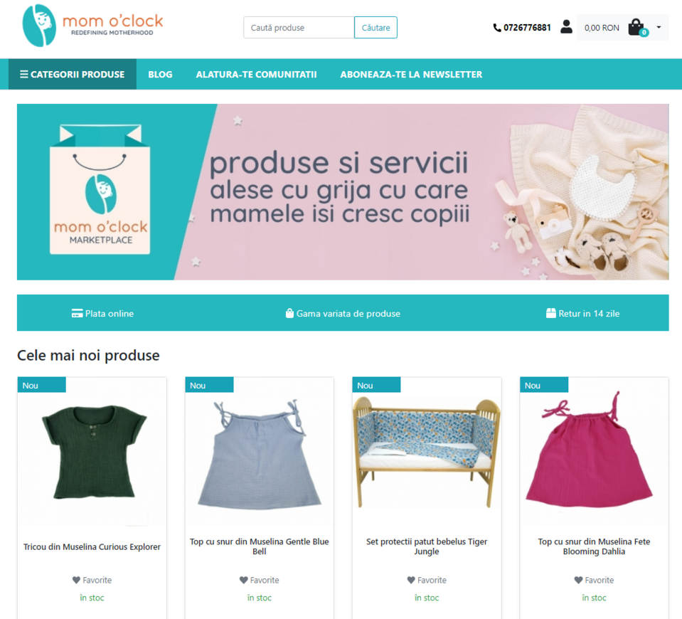 Eine Homepage von Mom O'clock, einem Mehrfachverkäufer-Marktplatz auf Basis von Sylius
