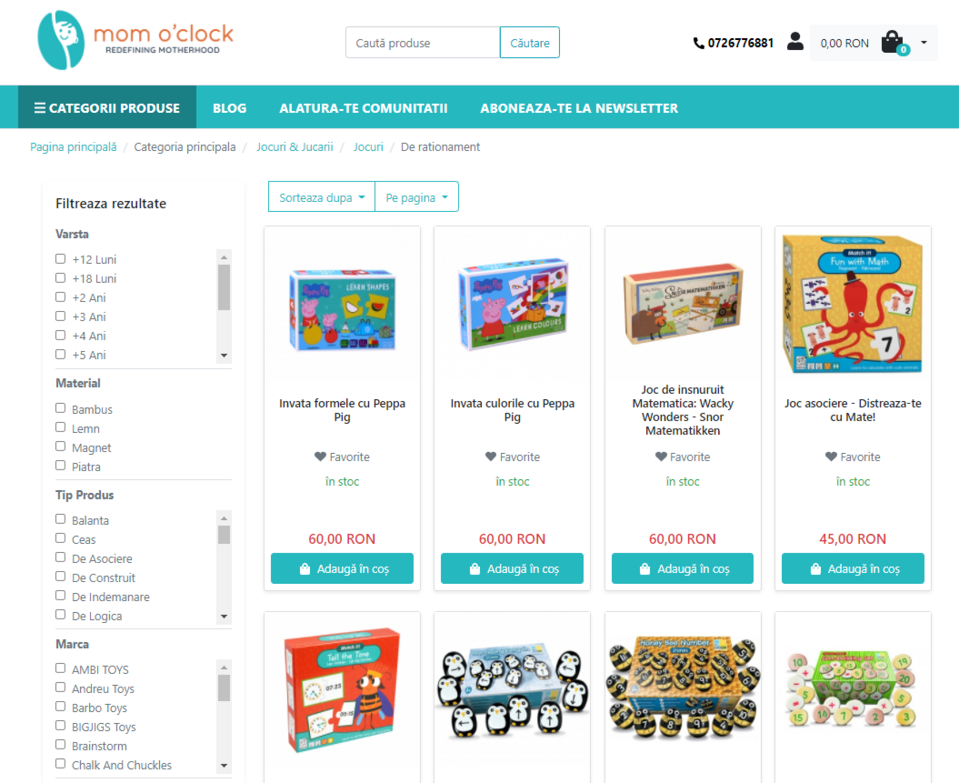 Produkte im Multi-Vendor-Marktplatz Mom O'clock, basierend auf der Sylius E-Commerce-Plattform