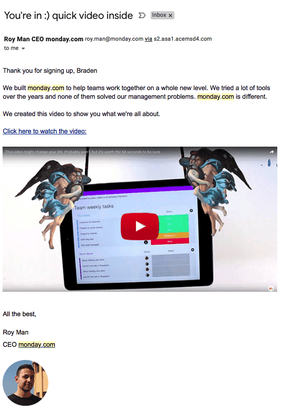 Die Willkommens-E-Mail von Monday.com ist ein Beispiel für E-Mail-Marketing-Automatisierung
