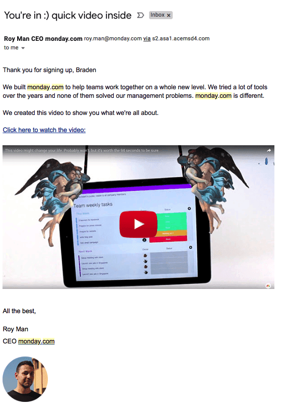 The welcome email from Monday.com is an example of email marketing automation