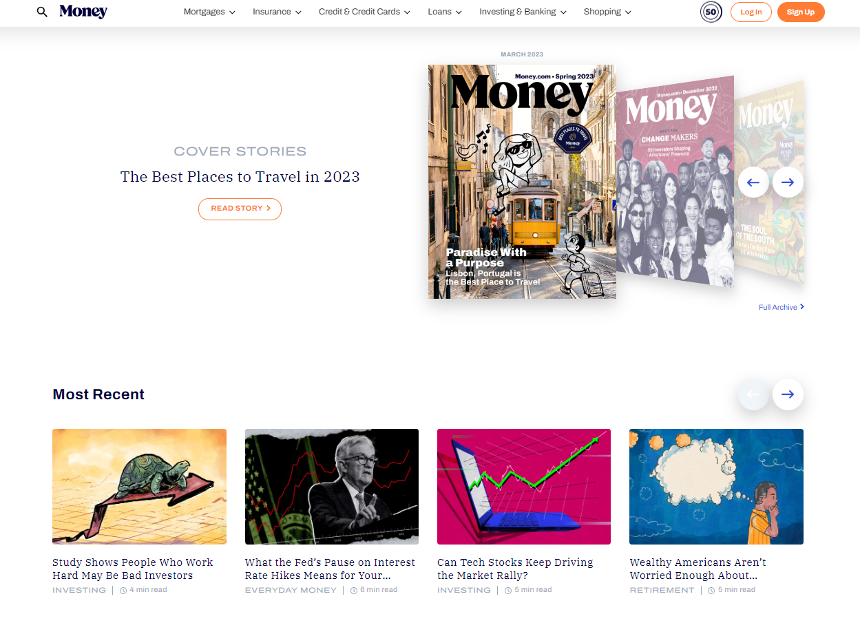 The financial news website Money features the top cover stories from its magazine.