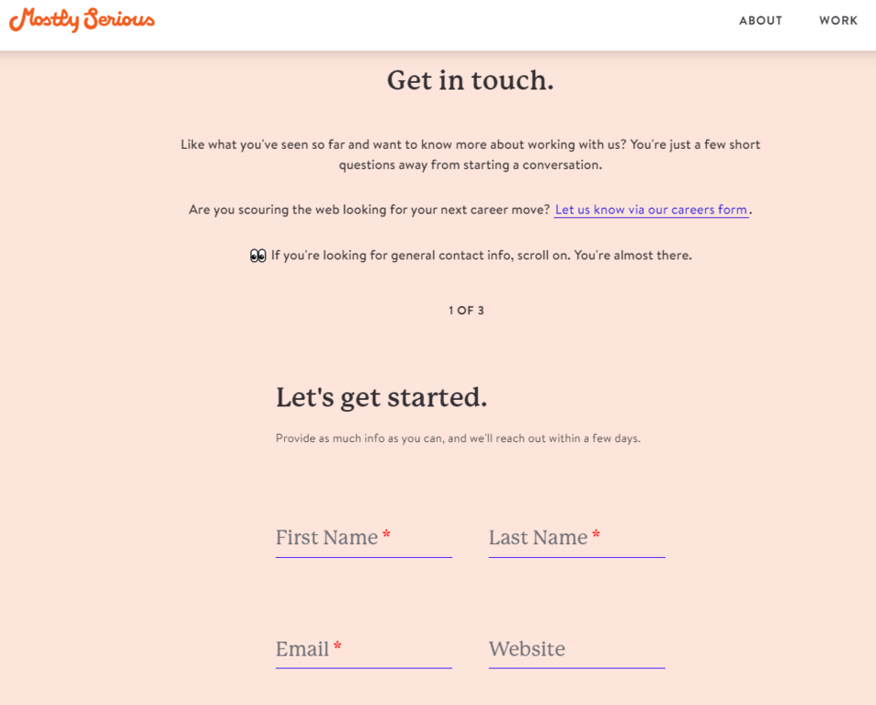 The contact page of the Mostly Serious company is simple but provides all the needed information