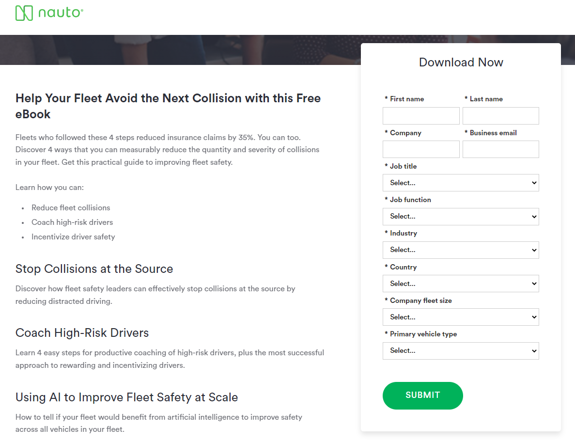 A form on the Nauto landing page has drop-down lists saving time on filling it out