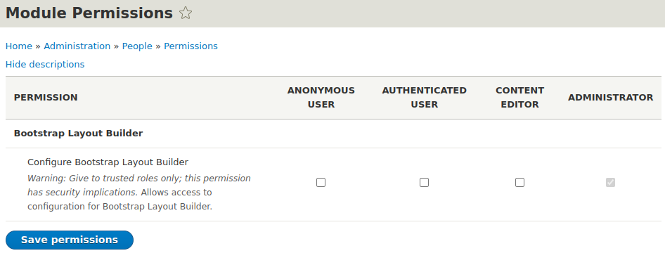 Configure Bootstrap Layout Builder is a new permission in the Bootstrap Layout Builder module