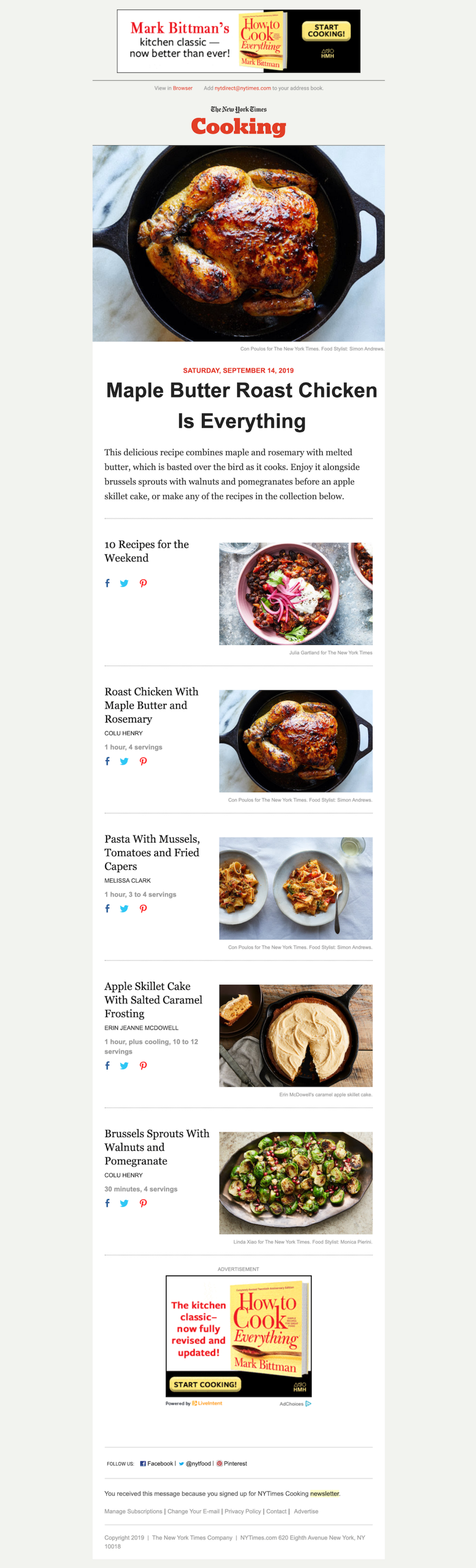 The food newsletter of the New York Times Cooking contains high-quality photos of the chosen recipes