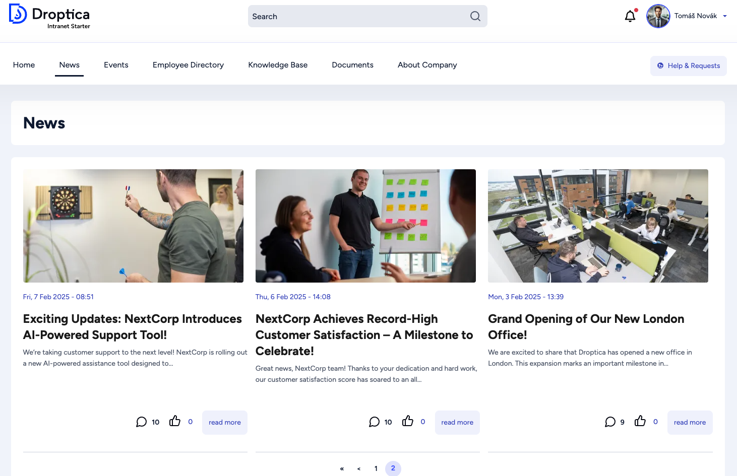 The news section in the Open Intranet system gathers the most important news and announcements from the company