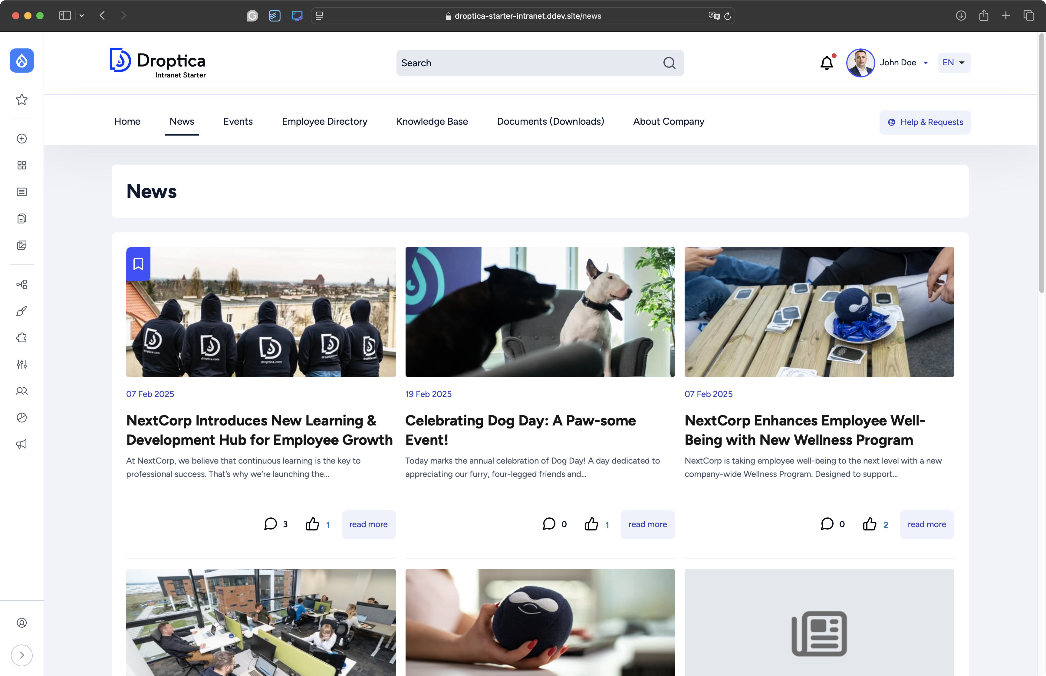 The Open Intranet system includes a clear news section that can be organized by categories and tags