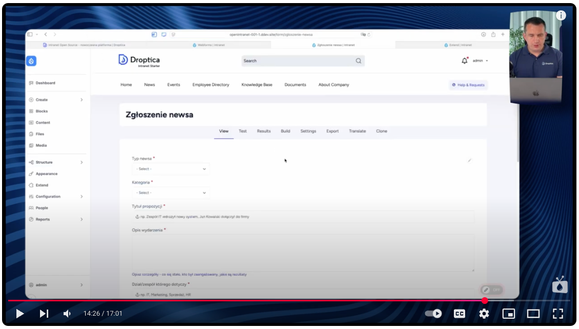 A form for collecting news suggestions on the Open Intranet has fields like category and news type
