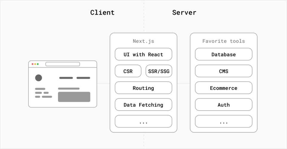 The depiction of the Next.js framework operation in reference to client and server