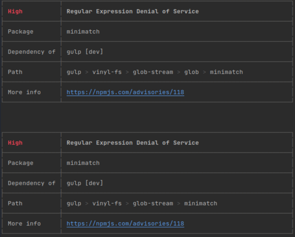 The npm-audit command shows all vulnerabilities in the JavaScript libraries