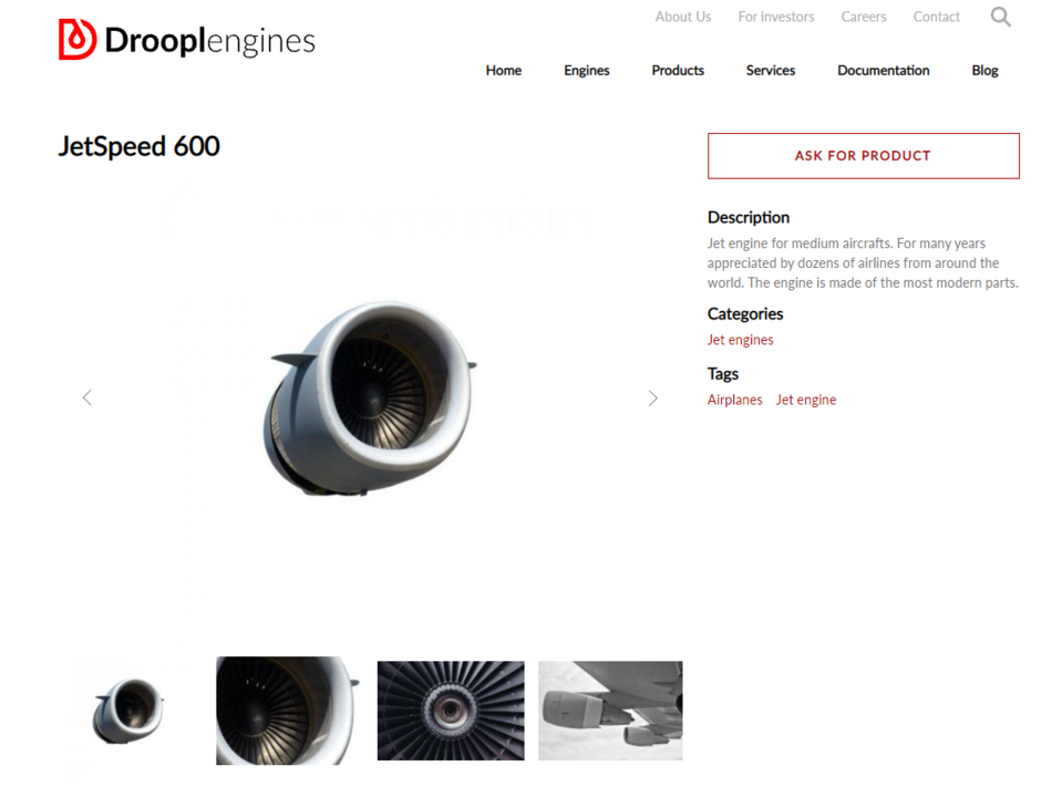 Drooplengines ist ein Beispiel für einen Online-Shop, der in Droopler erstellt wurde