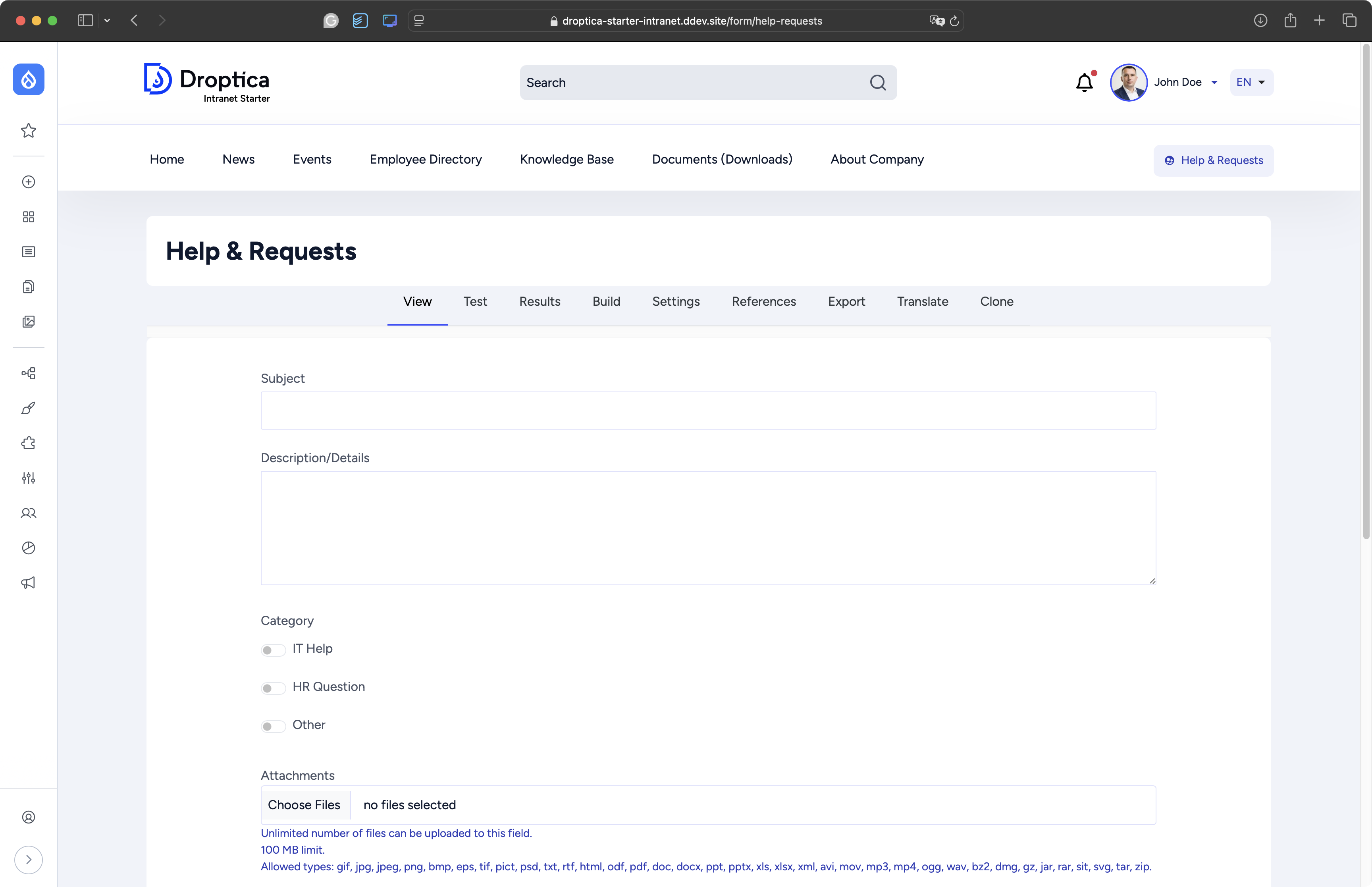 An example of an application form in the Open Intranet system