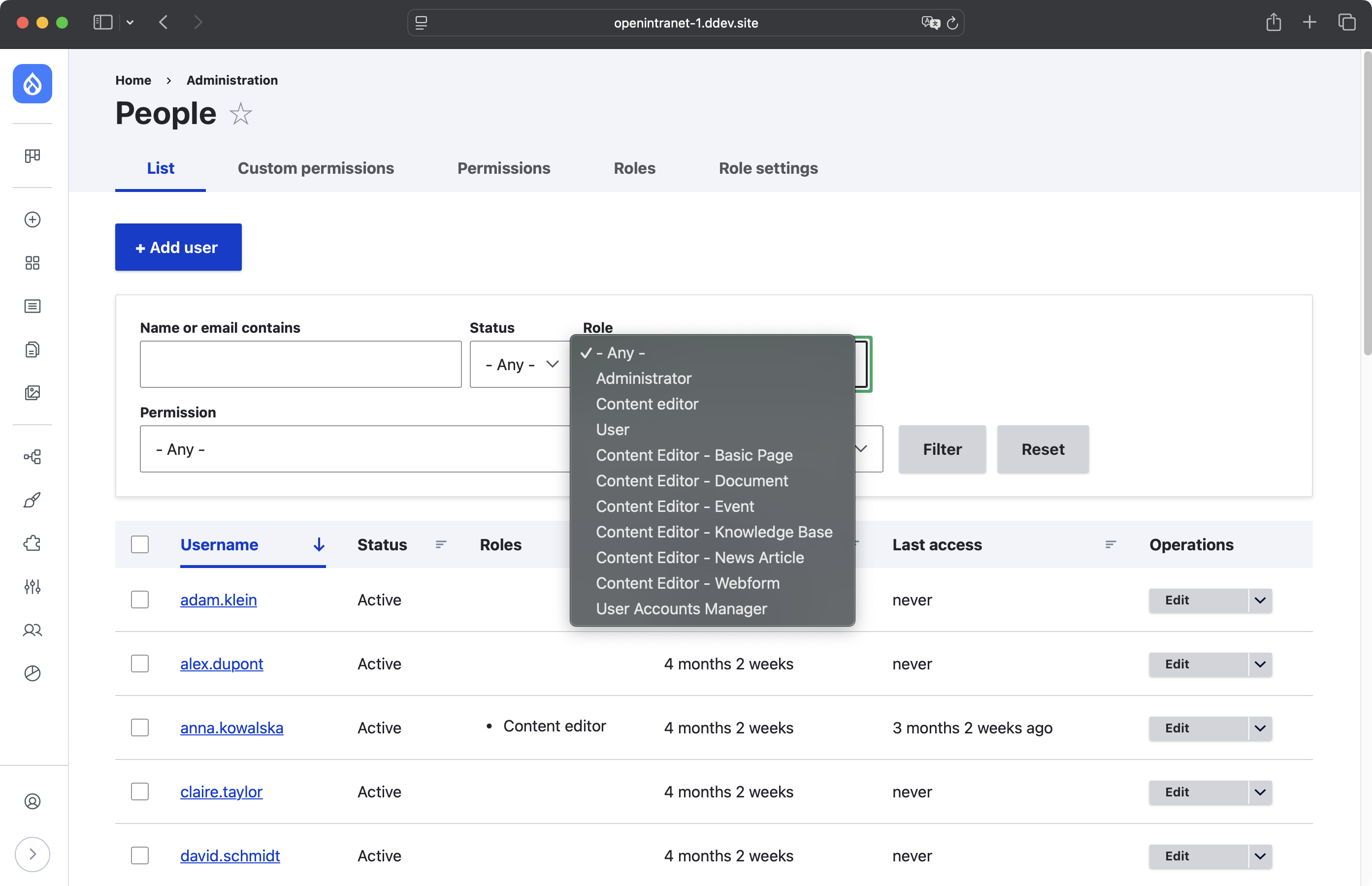Possibility to filter users by their role in the Open Intranet system's administration panel