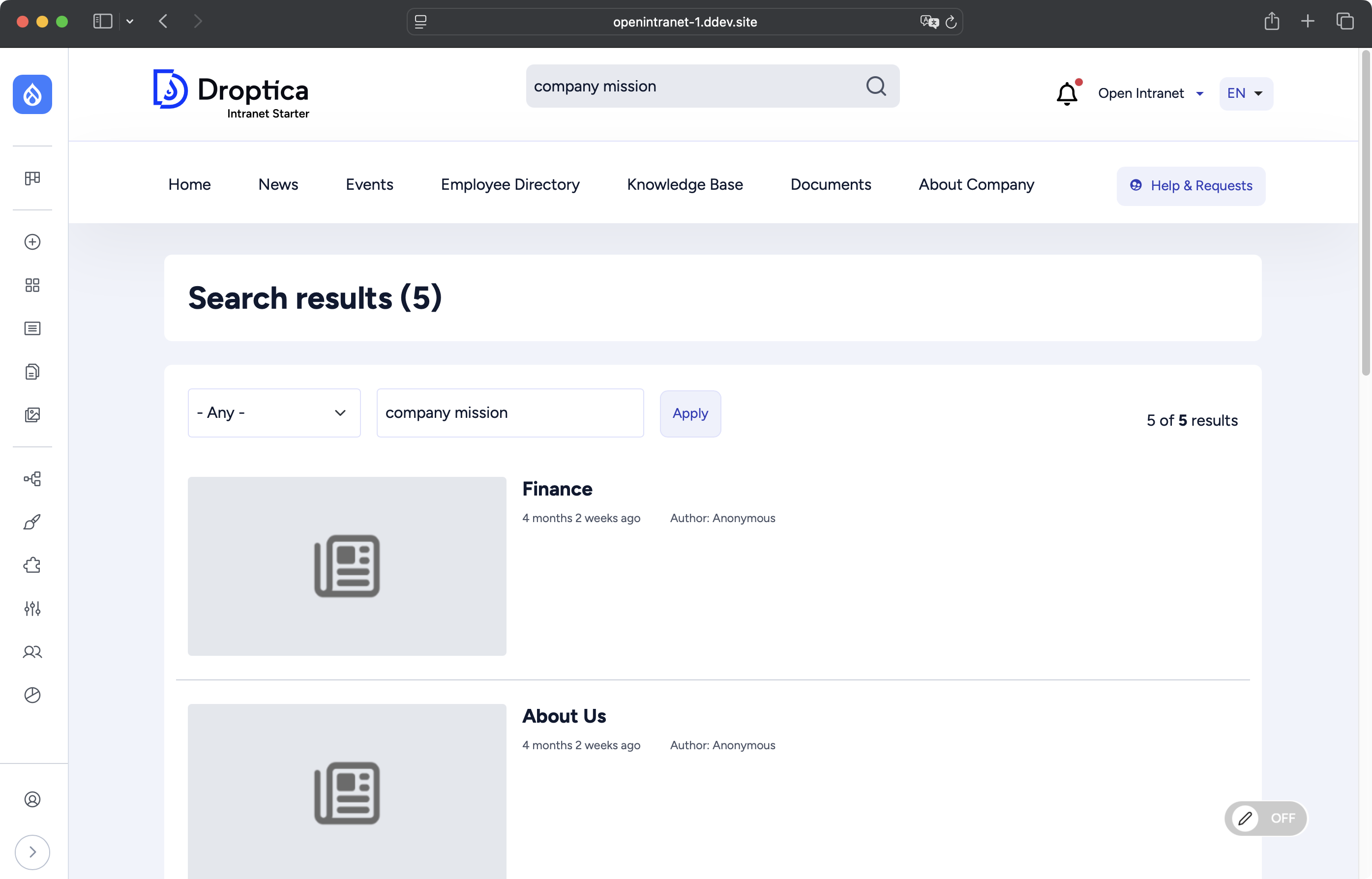 Search results with the option to filter by category in the Open Intranet system.