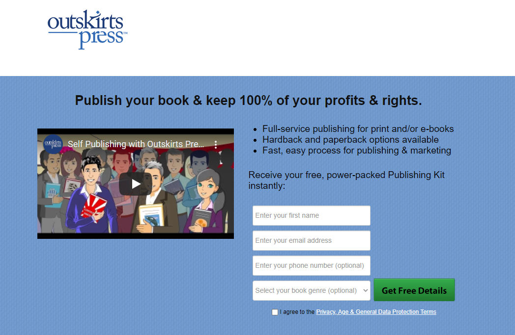 The headline of the OutSkirts Press landing page perfectly matches its target group