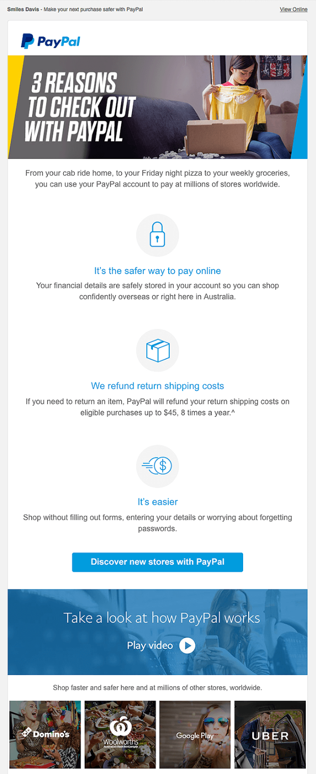 The email by PayPal is an example of financial services email marketing