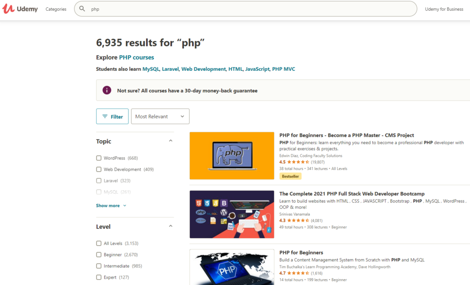 PHP courses on the Udemy online learning platform