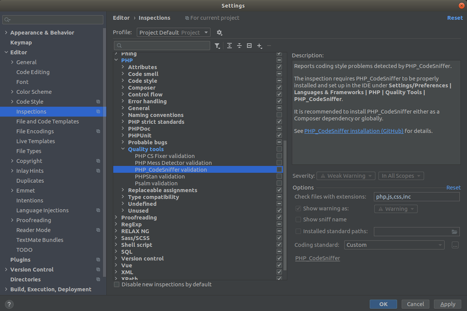 Validation of phpcs script for PHP_CodeSniffer in PHPStorm