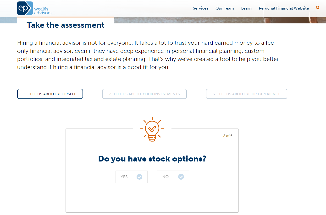 The quiz on the EP Wealth Advisors lets the user check if they need the advisory services