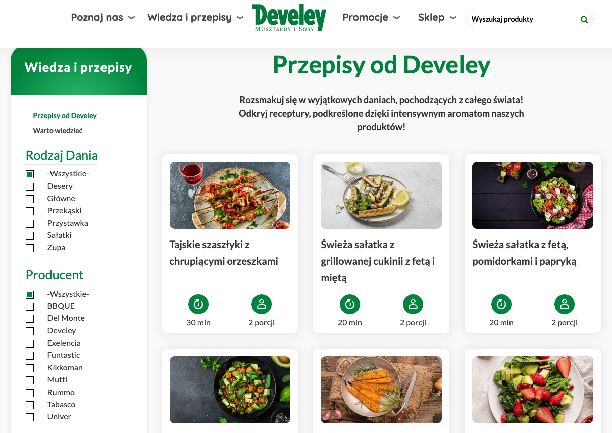 Page with recipes on the ecommerce website Develey that also includes shop