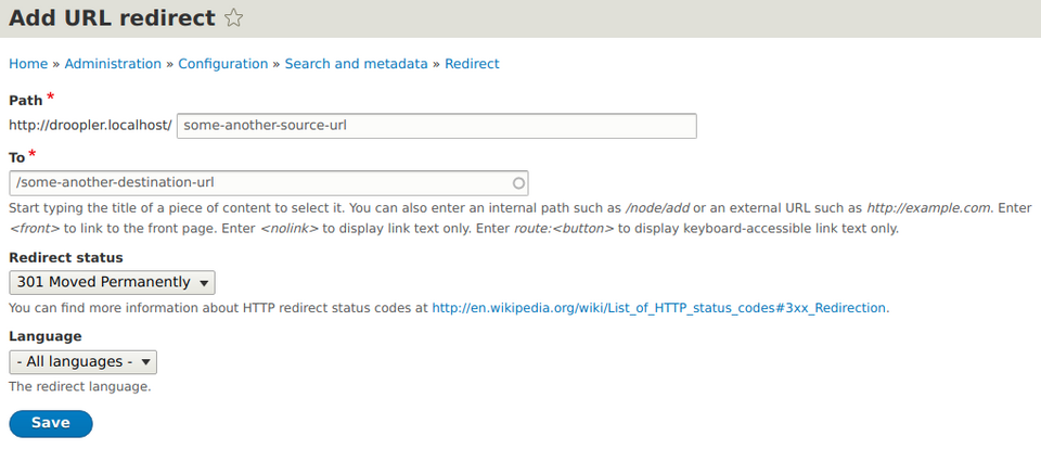 Hinzufügen einer neuen URL-Weiterleitung im Redirect-Modul