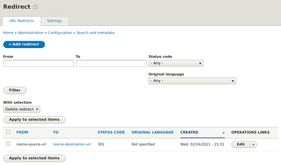 The list of URL redirects in Drupal Redirect module