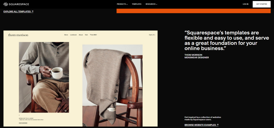 Das Testimonial auf der Startseite von Squarespace befindet sich zwischen zwei Call-to-Action-Buttons