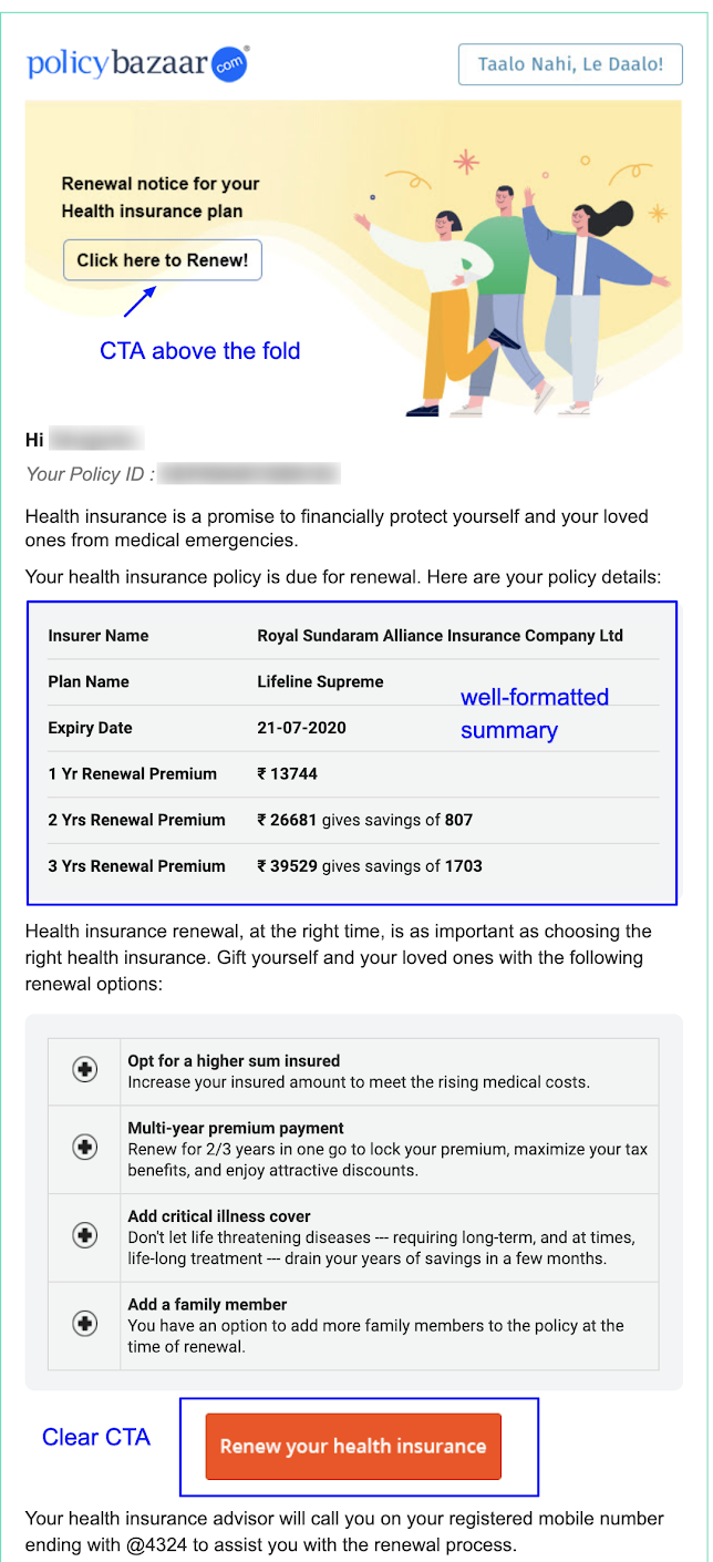 The insurance renewal campaign is one of the email marketing activities by Policybazaar