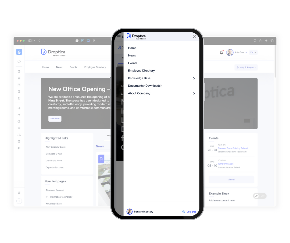 Open Intranet provides access to the platform from any device, including mobile phones.