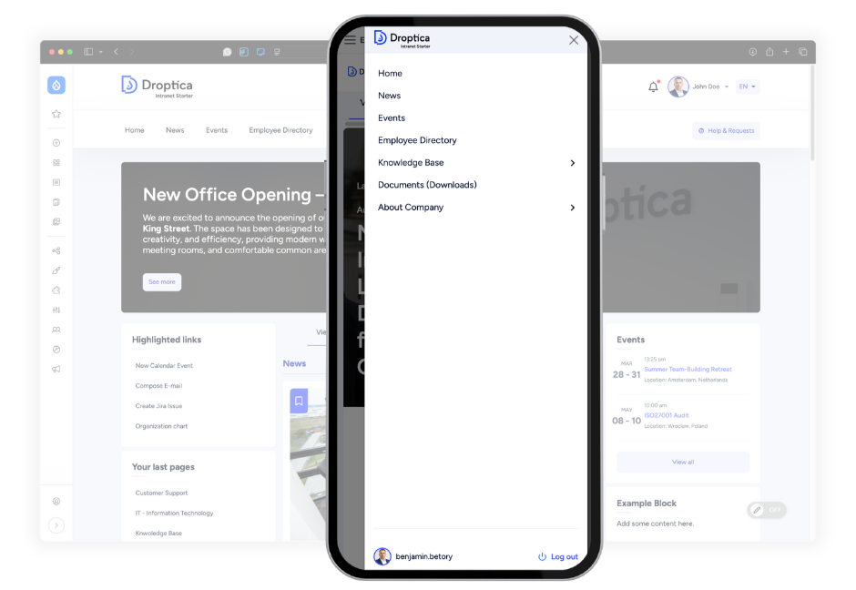 Open Intranet displays correctly on mobile devices thanks to its responsive design