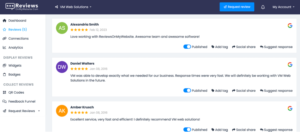 ReviewsOnMyWebsite, ein Review-Management-Tool, hilft Ihnen, den Ruf Ihrer Marke zu verfolgen.