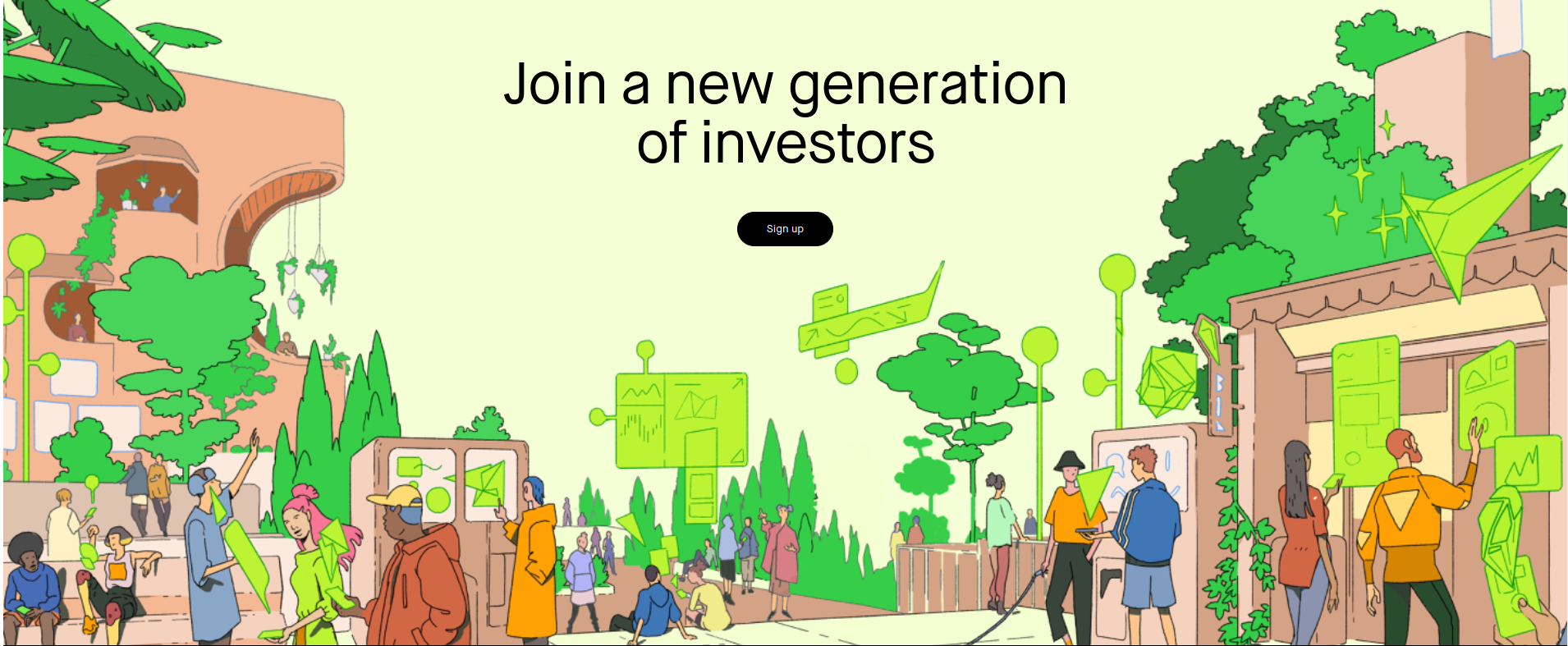 The comic style shows that the Robinhood fintech website is aimed at young people