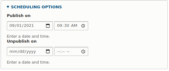 Options for scheduling a publication for a specific date