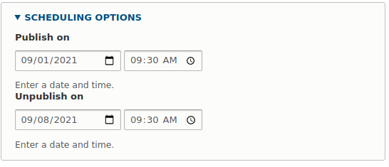 Setting the time of publication of the article and unpublishing in the Drupal Scheduler module