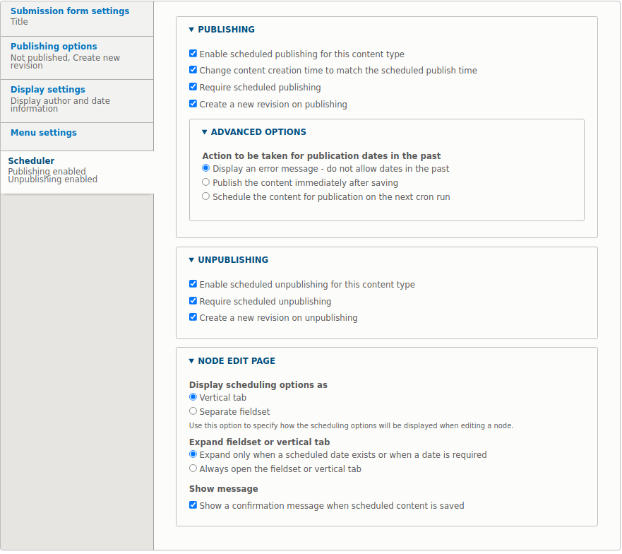 In the Scheduler tab, related to the types of content, you will find all configuration options for the entity