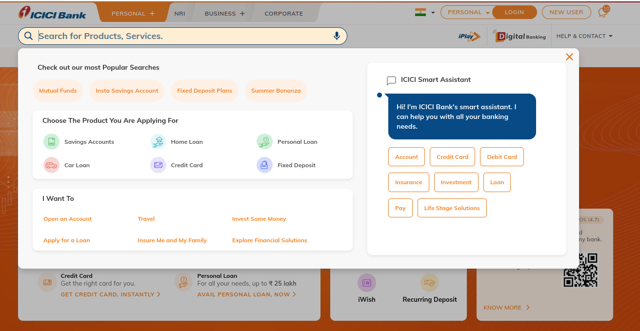 The search engine on the ICICI bank website contains hints and suggestions for offers and articles