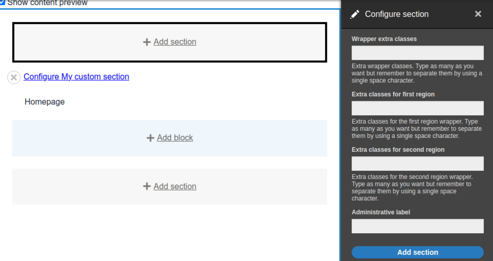 View of the section configuration form with the fields for classes and administrative label