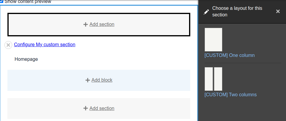 A list of available sections for a custom layout in the Layout Builder