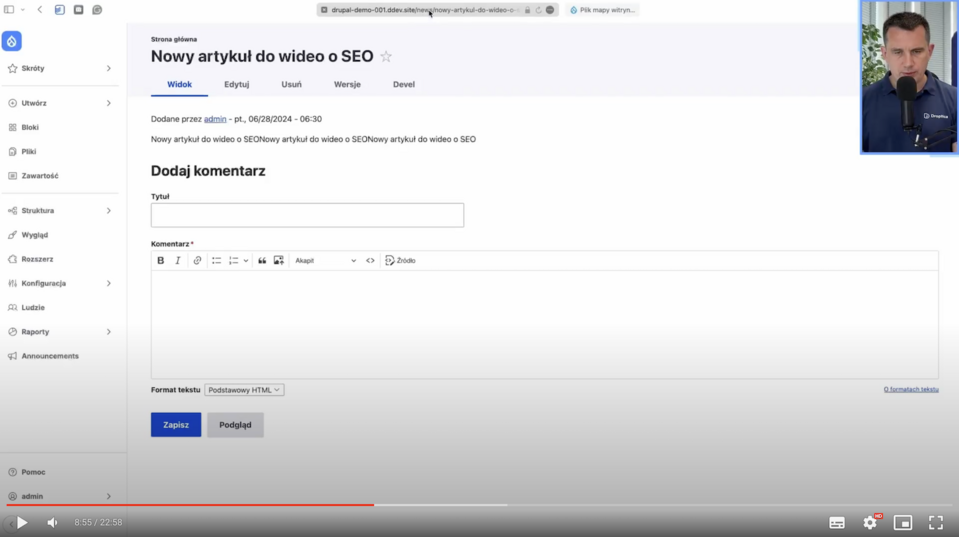 View of saving a new blog article in Drupal.