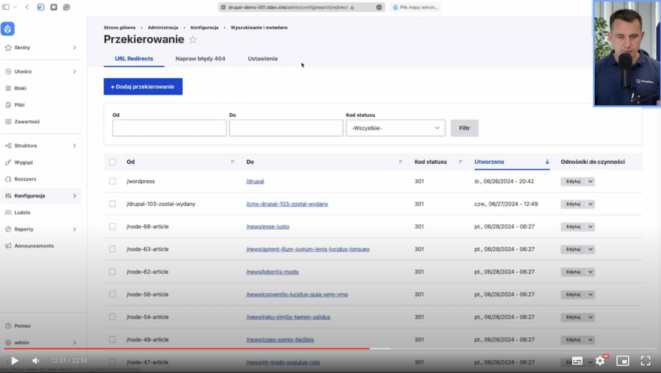 A page with a list of redirects in Drupal.