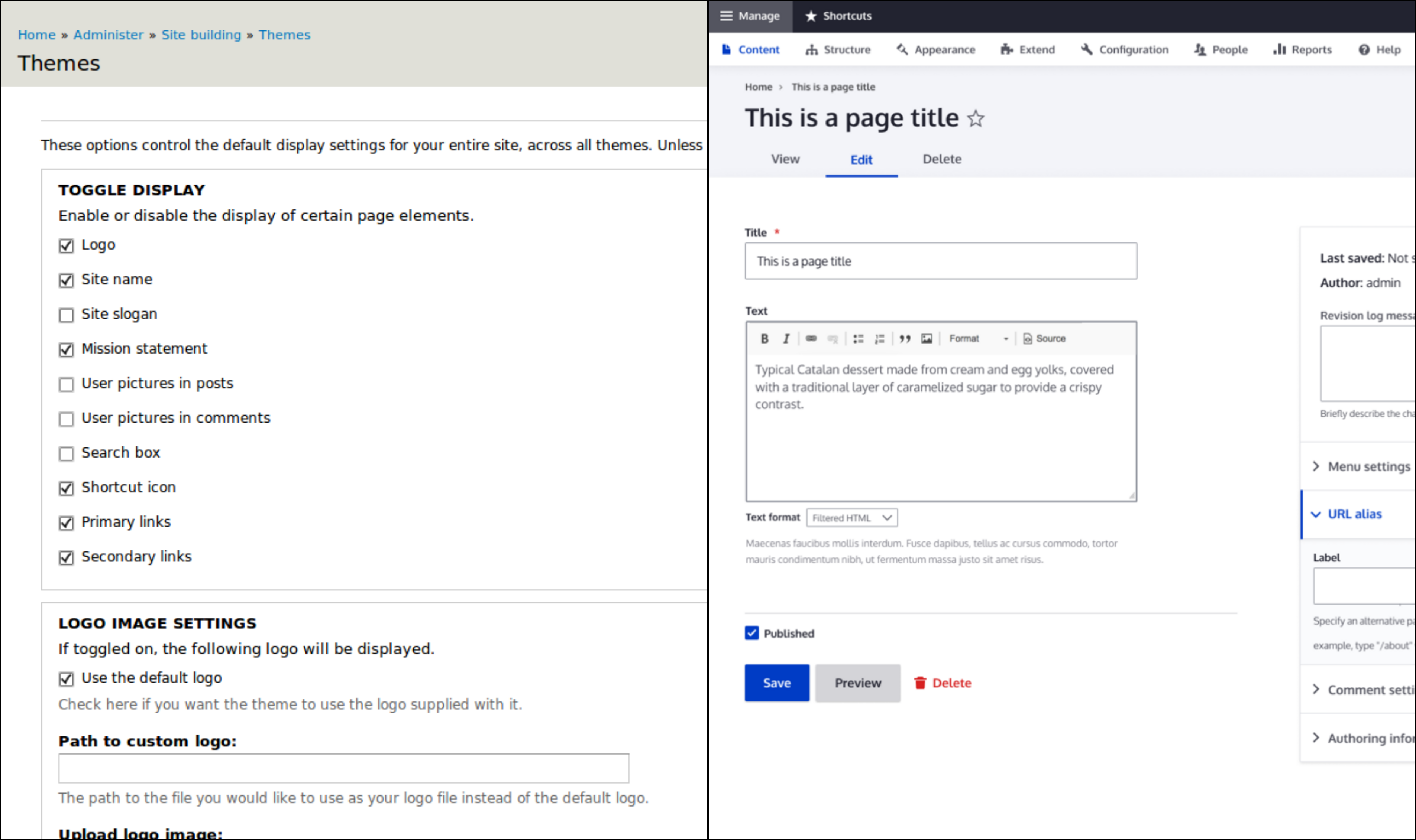 Modifications de l'interface de Drupal utilisant les thèmes Seven et Claro comme exemples
