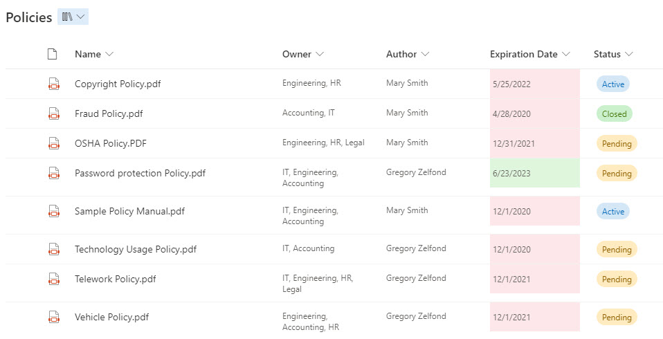 View of the document library in the SharePoint intranet