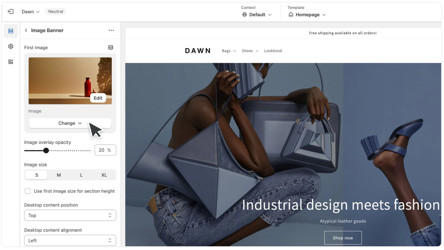 The user can customize colors and images in the Shopify theme