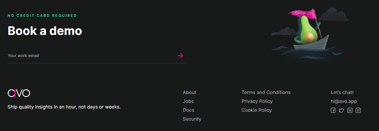 The footer on the Avo website is very clear and contains interesting elements