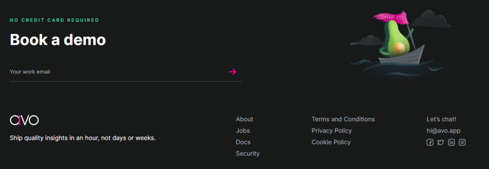 Der Footer auf der Avo-Website ist sehr übersichtlich und enthält interessante Elemente
