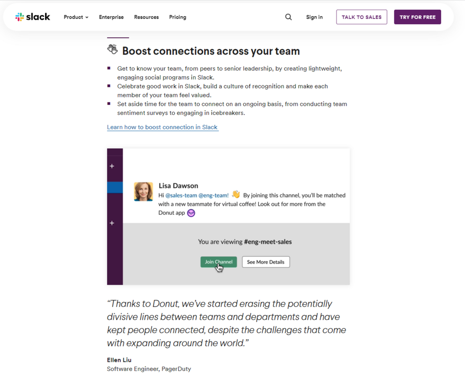 Slack integriert Testimonials von Kunden über die spezifischen Vorteile ihres Tools in die Inhalte ihrer Blog-Posts