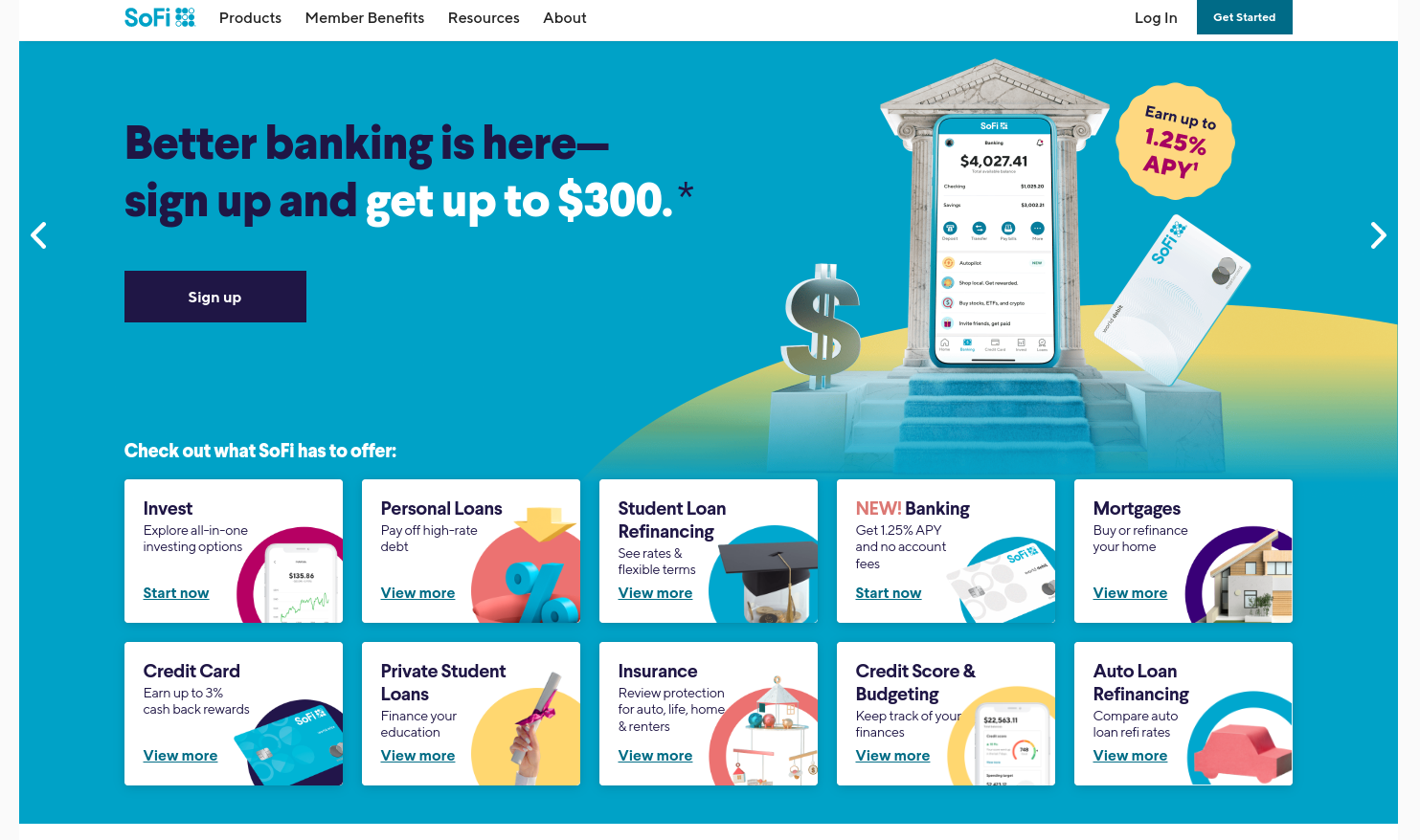 The Sofi bank home page is filled out with various slogans advertising its fintech services