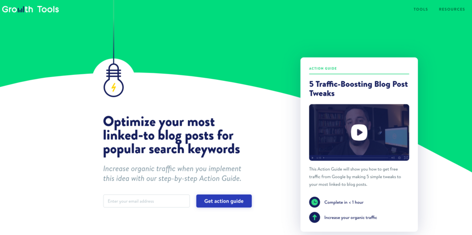 On the Growth Tools squeeze page, the users receive a guide in return for providing their emails