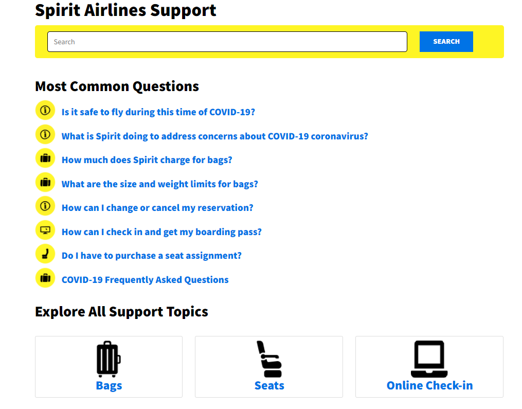 Frequently asked questions and answers at the Spirit Airlines support center