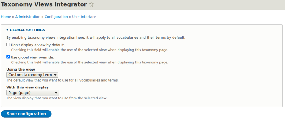 The global settings of the Taxonomy Views Integrator Drupal module